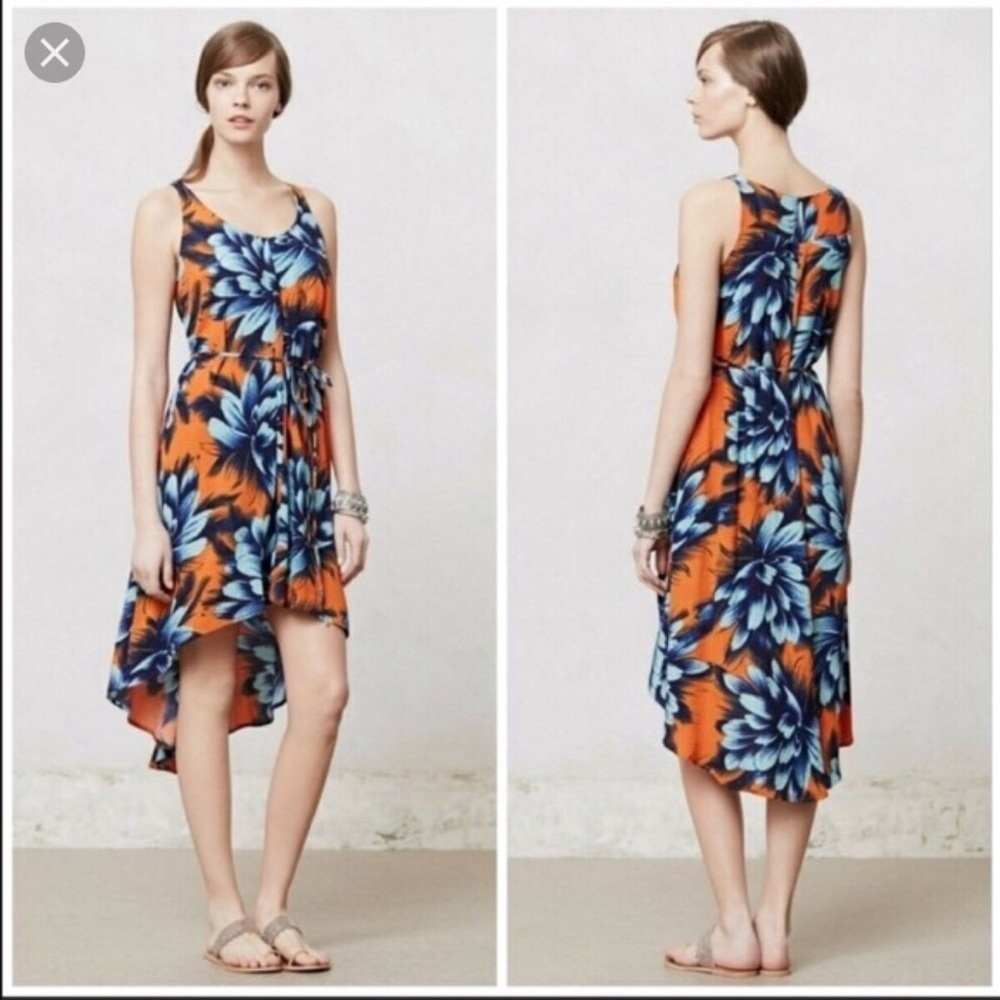 Anthropologie Maeve Orange Blue Floral Print Tropical High Low Dress Size 6 S